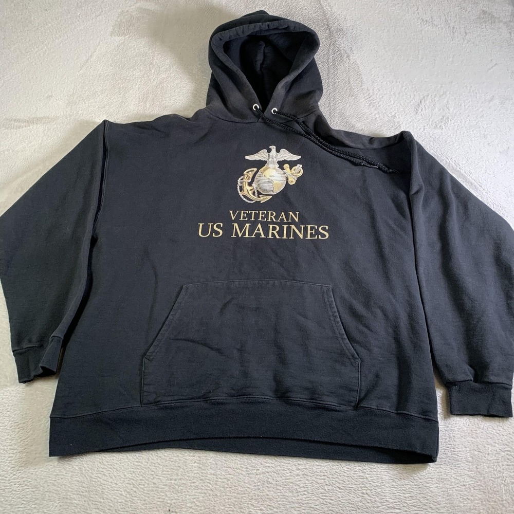 Vintage US Marines Hoodie Mens Large Black Pullover Veteran Sweatshirt Hanes